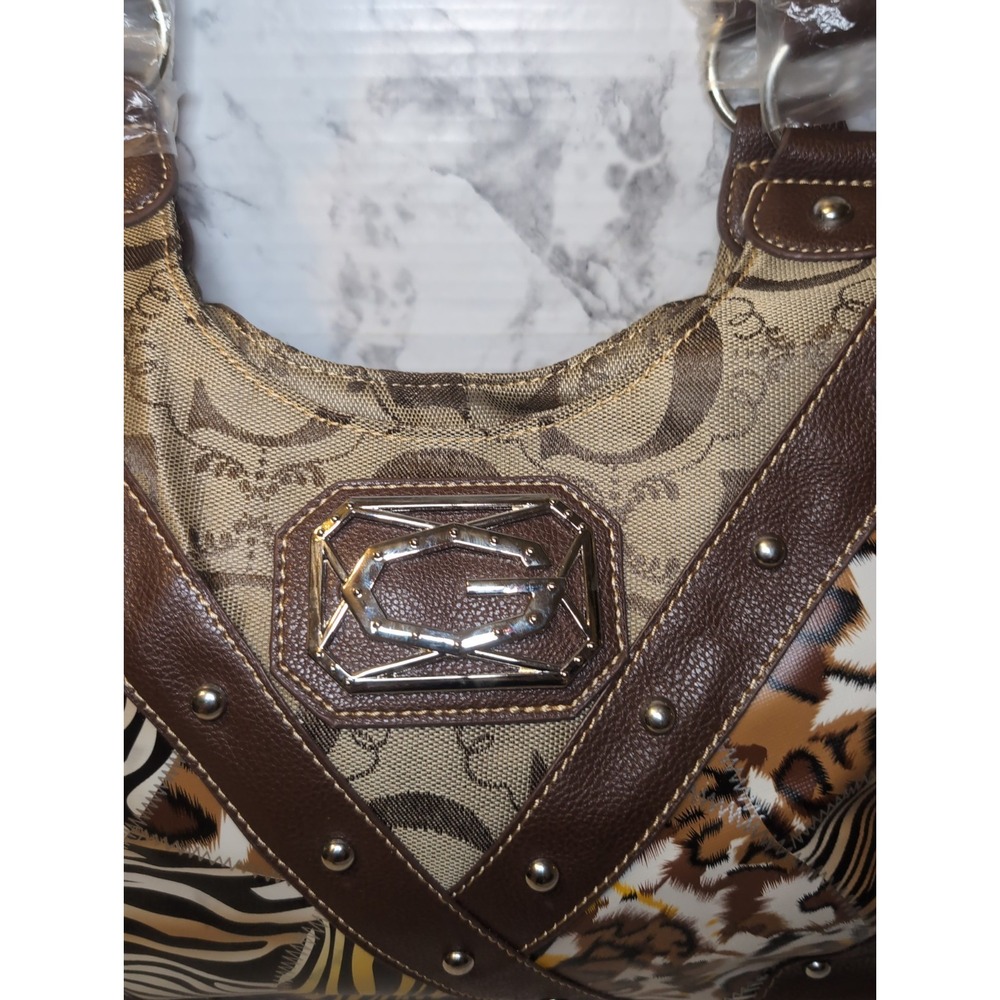 GUESS ? Patchwork Animal Purse Bag Silver Logo Hardware Double Handles 14.5"x9" - Picture 3 of 11